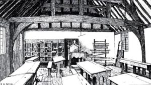 Artists impression of Shakespeare's first Grammar School. Illustrative of Formal school settings in Elizabethan England