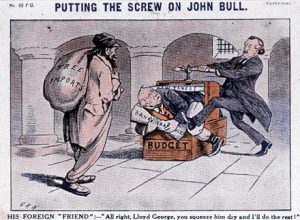 Liberal Reforms. This cartoon highlights some of the criticisms made of the Liberal party policies. In this case, the balance of domestic taxation against low/zero tariff rates on imports.