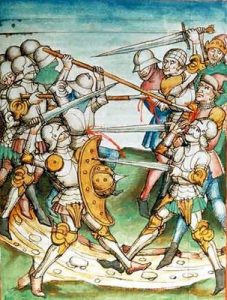 Image of a late Medieval Battle similar to that at Edgecote Moor